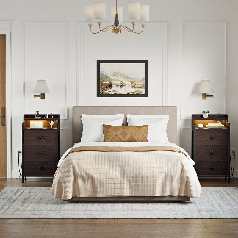 Sereena Nightstand With Outlets & LED Lights, End Table With3 Drawers & 2-Tier Open Shelf, Bedside Table For Bedroom, Brown