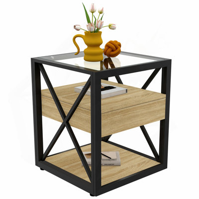 Ensemble de 2 tables de bout modernes avec tiroir - Table de chevet pour chambre à coucher et salon, panneau de fibres à densité moyenne en bois naturel et plateau en verre trempé, table d'appoint de style industriel