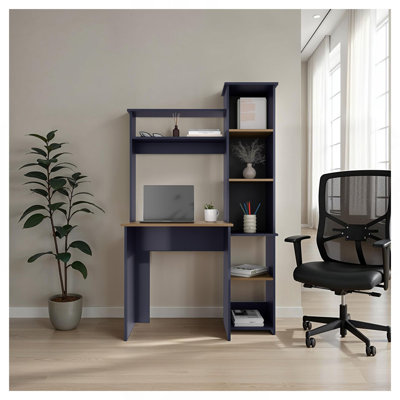 Computer Desk with Hutch and Side Bookshelf, Modern Home Office Desk with Storage Shelves, Kronos Blue and Natural Oak