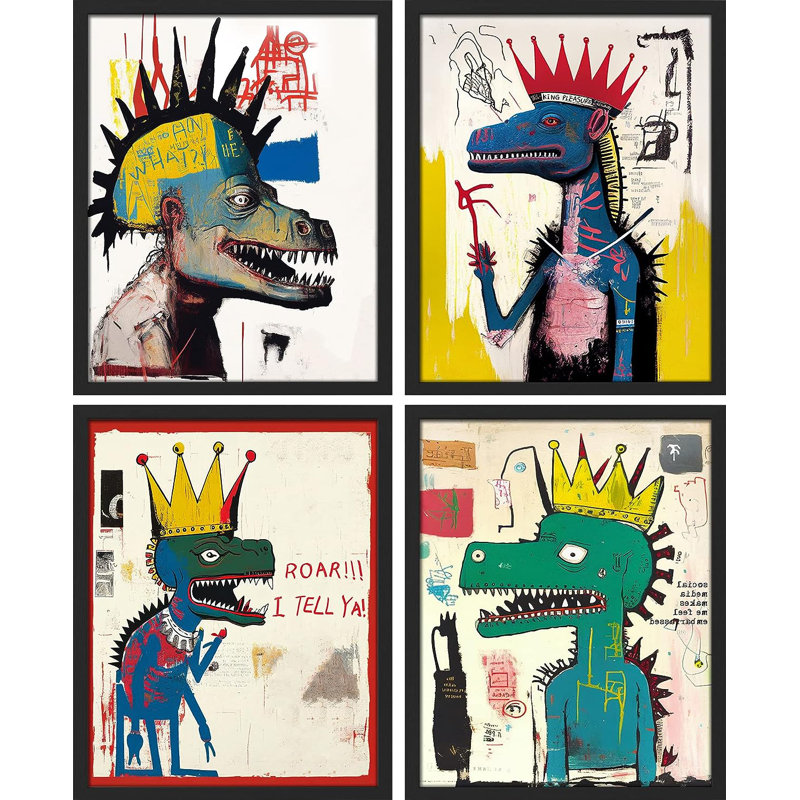 Reproduction de 4 pièces rétro rétro et antique, dinosaure Basquiat, H 16 po x l 12 po, Noir