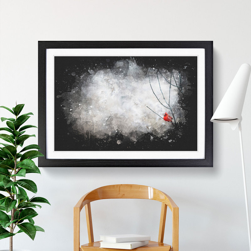 Red Cardinal Bird Paint Splash - Picture Frame Graphic Art, 60cm H x 91cm W x 2cm D, Black Framed