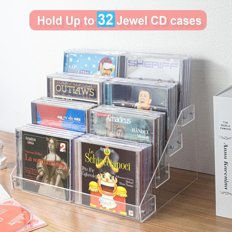 Organisateur de rangement pour CD à 4 niveaux, support pour boîtiers DVD et CD (32 boîtiers CD).