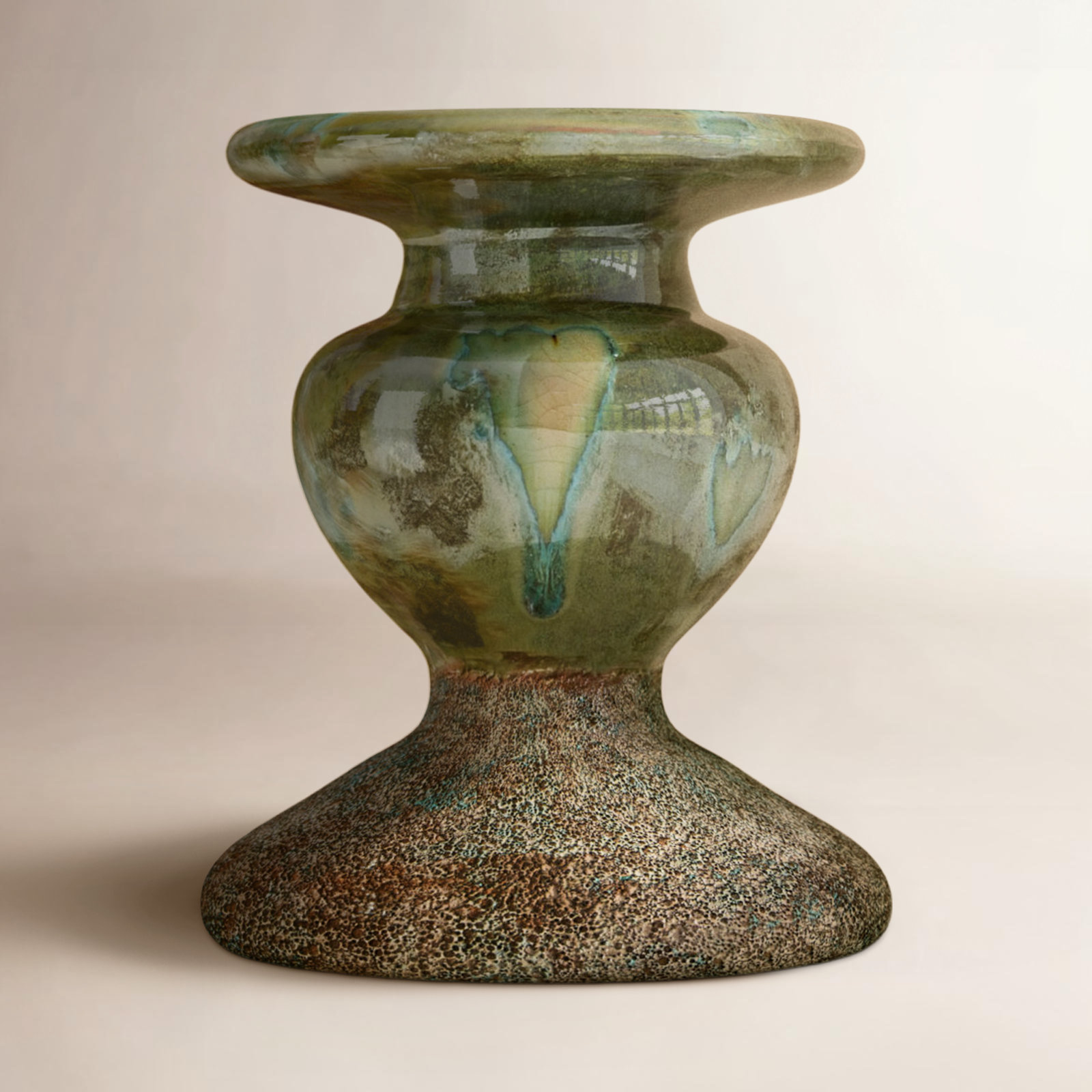 Waikiki Earthenware Tabletop Candlestick, Distressed Green, 5.3" H x 4.5" W x x 4.5" D