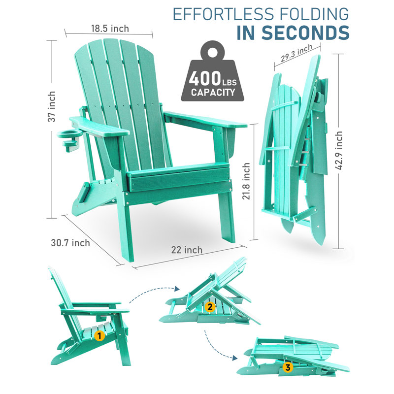 HDPE Folding Adirondack Chair With Cup Holder,Weather-Resistant, Low Maintenance,Supports Up To 400Lbs,4 Pack, Aruba Blue