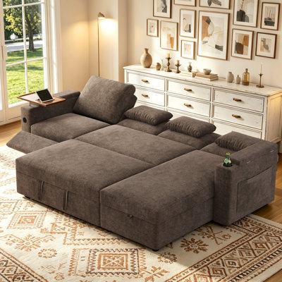 Chenille 108" Wide Sleeper Sofa & Chaise with USB Ports and Built-in Storage, L-Shape Convertible Sectional Sofa Bed with Movable Tray Table and Footrest, Khaki