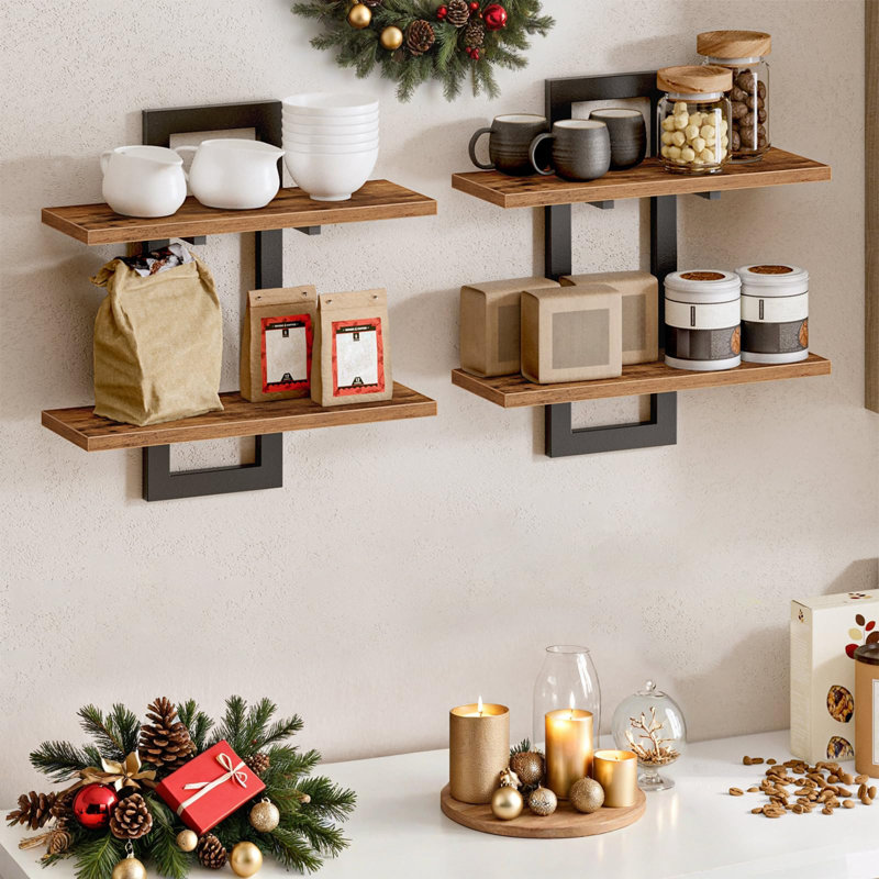 Double Layer Floating Wall Shelves Set, 40Lb Capacity Particleboard Storage Shelves With Metal Frame, Easy Install Wall Mounted Shelves For Living Room Bedroom Bathroom，15 Inch Wall Shelf Set Of 2