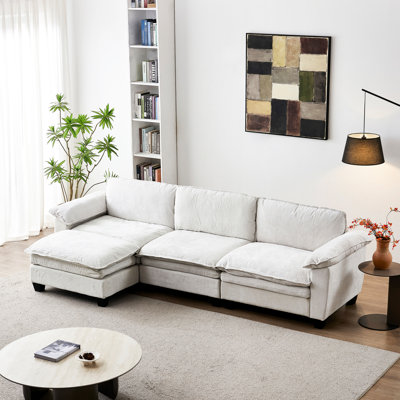 Soft Chenille Upholstered L Shape Three Seat With , Beige, Comfortable Pocket Coil Spring And Filled Seats, Easy To Assemble Beige Cushions, Removable Back Cushion Covers