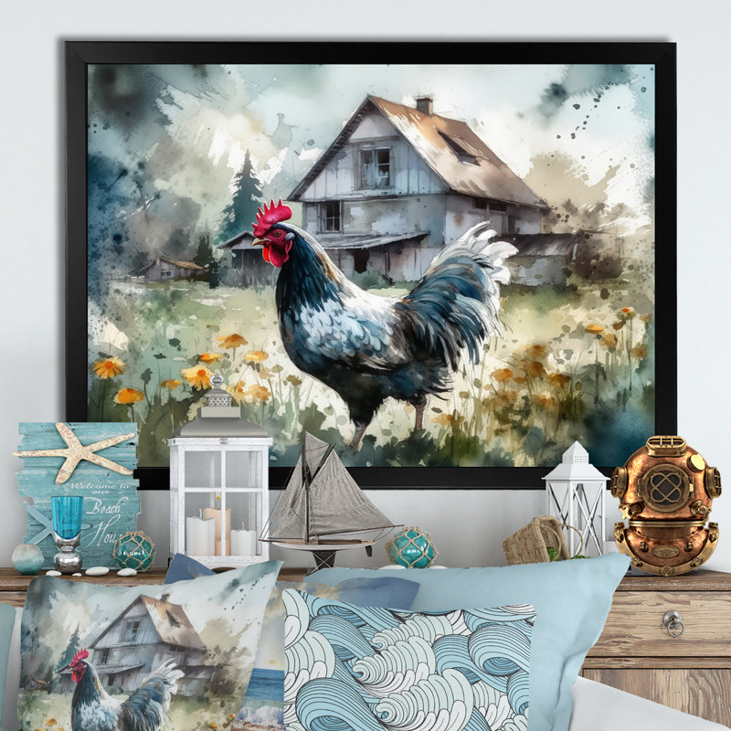 Coq sur une ferme II - art mural poulet, Cadre photo noir, H 12 po x l 20 po x P 1 po