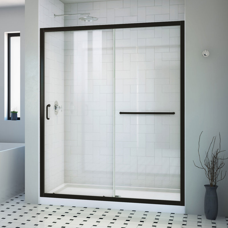  DreamLine Infinity-Z 32 inch D x 60 inch W x 74 3/4 inch H Semi-Frameless Sliding Clear Shower Door in Chrome with Center Drain Biscuit Shower Base Kit