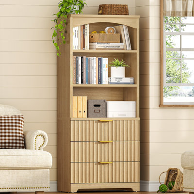 63.3" Tall arched bookcase with 3 Drawers, Farmhouse Bookshelf with 3 Shelves, Natural Wood Grain Wave Pattern Bookcase for Living Room, Office, Natural