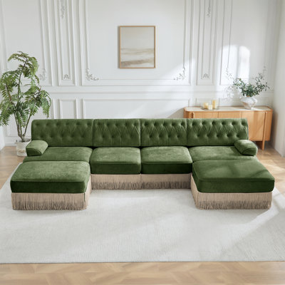 Canapé Chesterfield en velours doux 4 places avec 2 repose-pieds