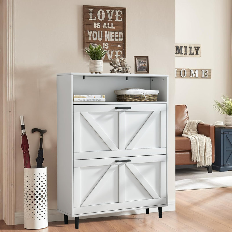 Gracie Oaks Freestanding Narrow Shoe Rack Cabinet With Open Storage And Two Flip Drawers