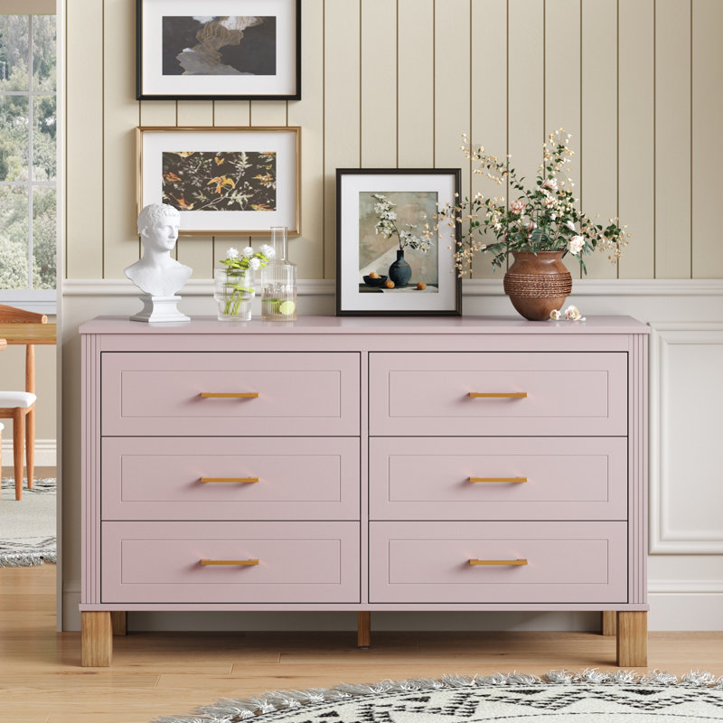 Commode double 6 tiroirs en bois robuste, Pink