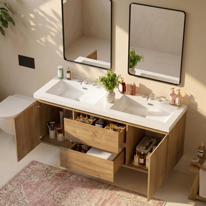 Ensemble de meuble-lavabo mural moderne 60 po avec lavabo SMC intégré et tiroirs de rangement séparés
