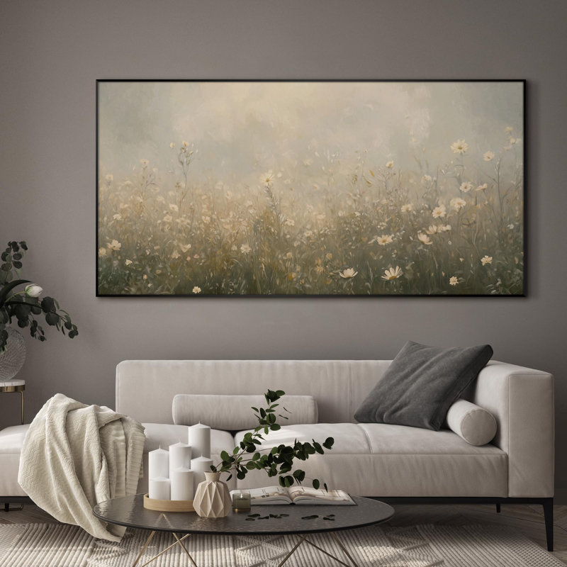 Extra Large Wall Art Fabric Print - Soft Light Wildflower Field in Morning Haze Artwork Decor for Living Room or Bedroom - "Frame Assembly Required (Unfinished Frame)"