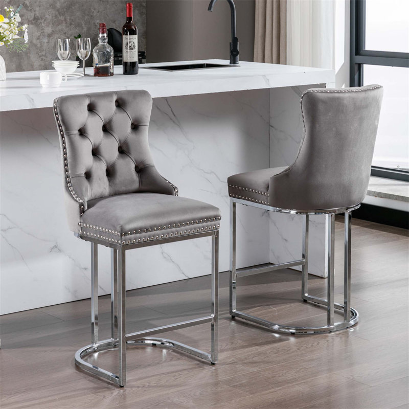 Jermon Upholstered Velvet Counter Stool, Gray
