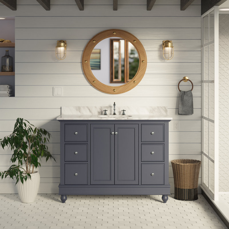 Ensemble de meuble-lavabo simple 48 po Ferdinand, Gris marine, Marbre de Carrare