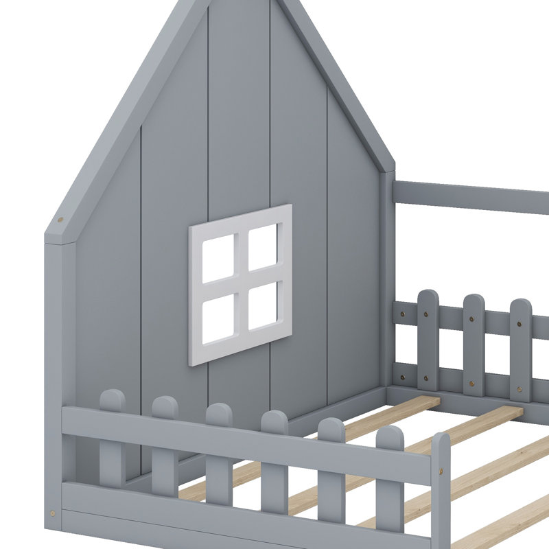 Lit en bois avec fenêtre et clôture, Gris