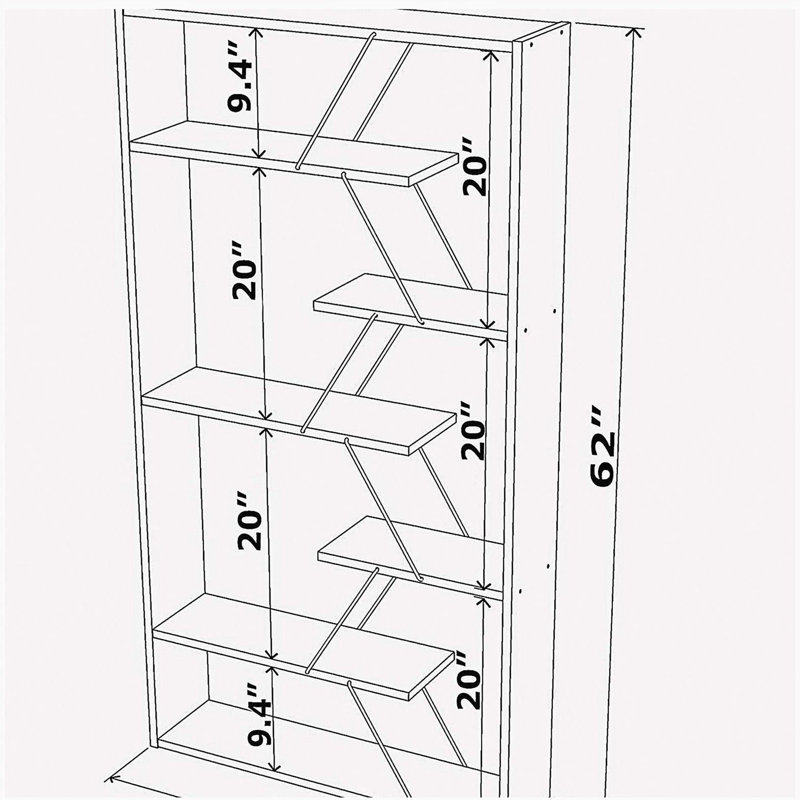 Bibliothèque à 6 tablettes à cadre en bois - Design industriel moderne pour le bureau et le salon, Blanc / Doré