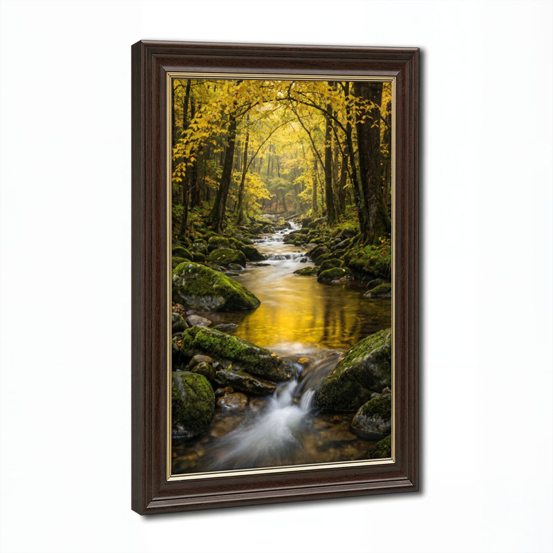 Art mural antique sur toile encadré doré pour le salon, la chambre à coucher, le bureau ou le vestibule - Décoration murale décorative avec ruisseau de forêt