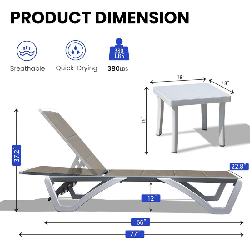 Chaises longues de patio ajustables, structure en aluminium, ensemble moderne pour bord de piscine avec table