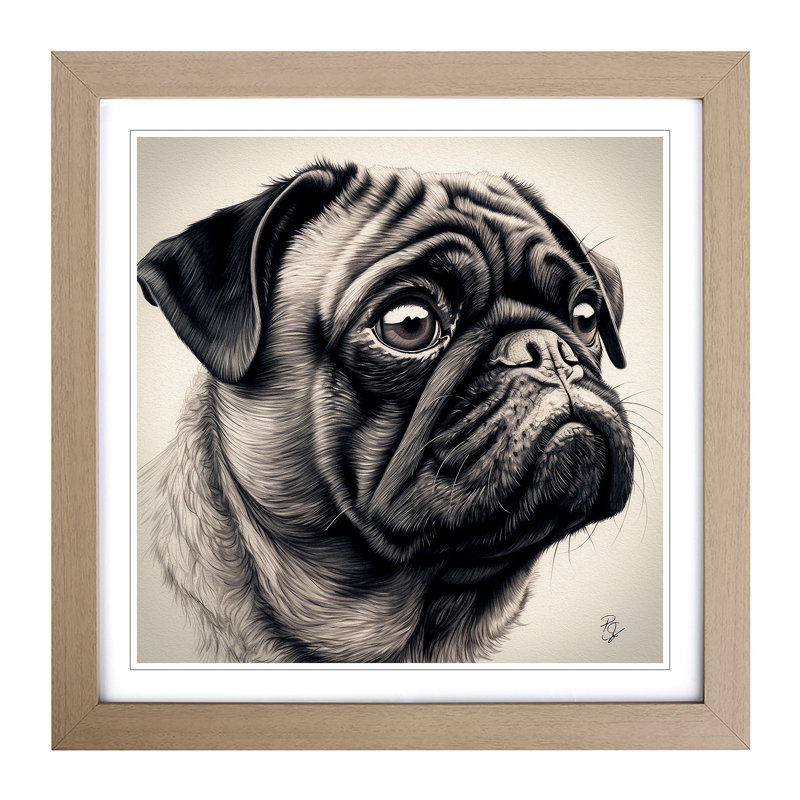 Pug Drawing - Single Picture Frame Print on Wood, Oak