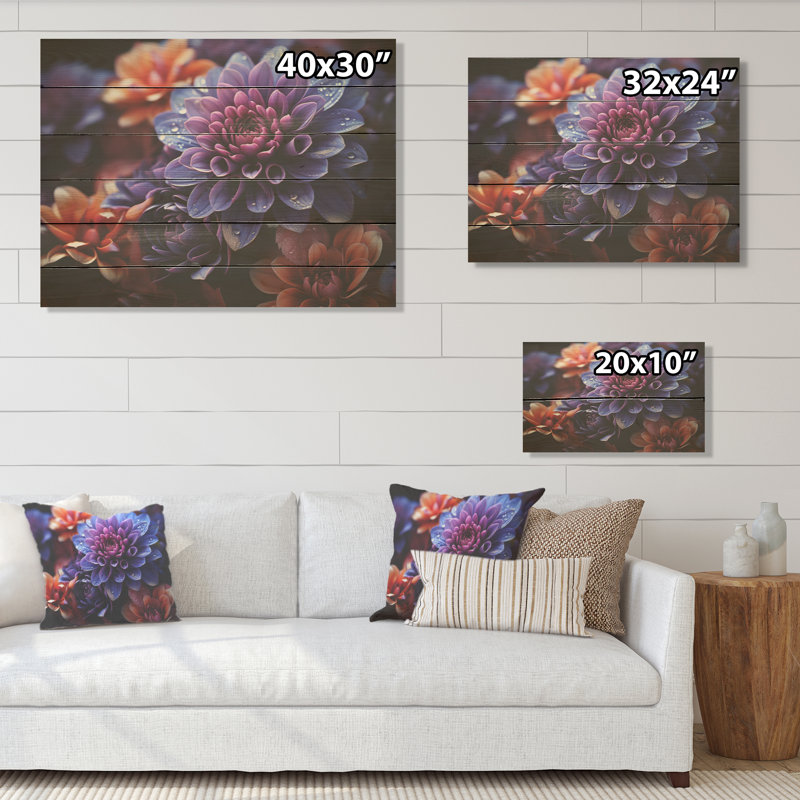 Mums Nocturnal Elegance Midnight Indigo I - Art sur bois de pin naturel, H 10 po x l 20 po