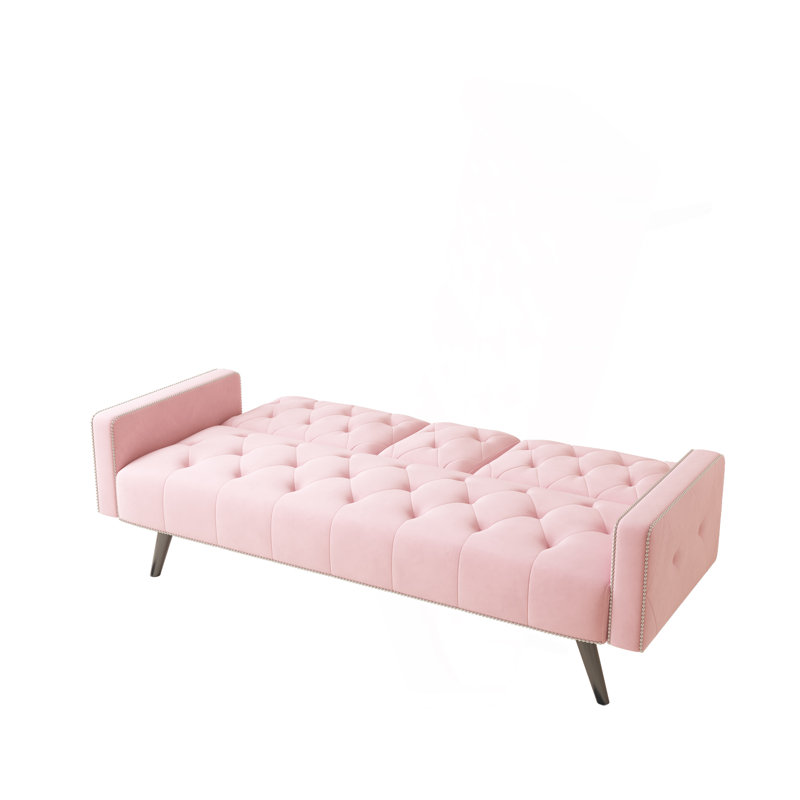 Sofa Bed Armrest With Nail Head Trim With Two Cup Holders 72" Pink Velvet Sofa For Small Spaces