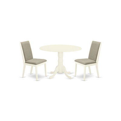 3 Piece Kitchen Table Set for Small Spaces Contains a Round Dining Table with Pedestal and 2 Shitake Linen Fabric Upholstered Chairs, 42x42 Inch, Linen White