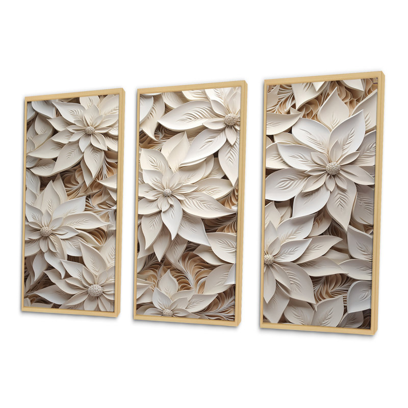 Beige poinsettia Serenade - ensemble de salon d'art mural poinsettias, Cadre naturel flottant, H 40 po x l 60 po x P 1 po