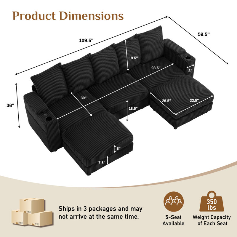 109 Inch Wide Corduroy Modular Sectional Sofa with Ottomans and Cup Holders, Black