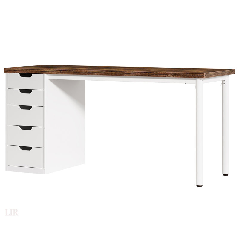 47-Inch Rustic Brown Computer Desk With 5 Drawers, Reversible Cabinet For Small Spaces, Modern Home Office Furniture, White