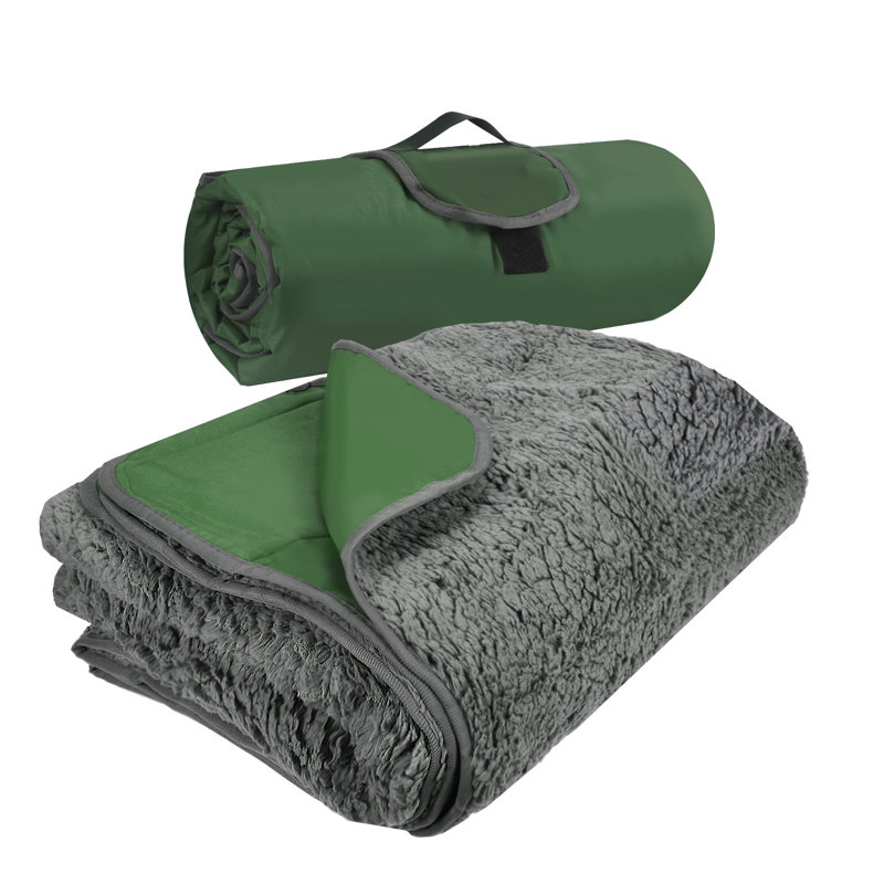 Green and Gray Waterproof Fleece Outdoor Throw Blanket