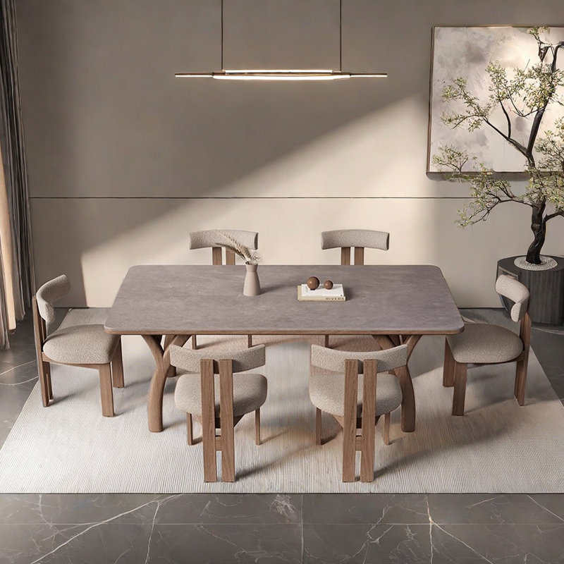 Modern Minimalist Wood Stone Dining Table Chair, 29.5"H x 55.1"L x 31.4"W