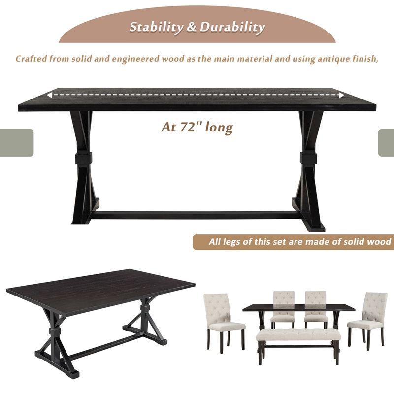 6-Piece Farmhouse Dining Table Set 72" Wood Rectangular Table, 4 Upholstered Chairs with Bench, Espresso