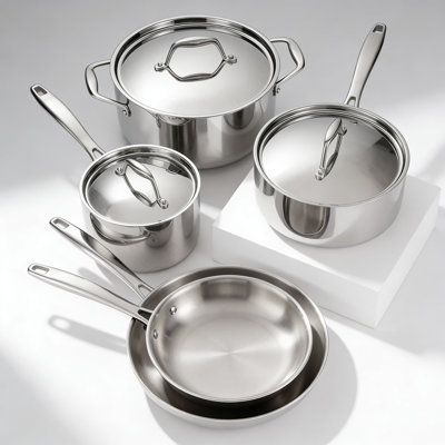 Batterie de cuisine 8 pièces en acier inoxydable avec couvercle Signature Tri-Ply | Prêt pour l'induction et allant au four jusqu'à 500 ° F | Certifié NSF, va au lave-vaisselle | Comprend les poêles à frire, les casseroles et la cocotte