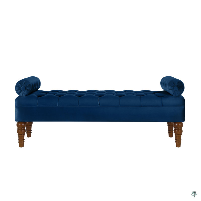 Velvet Long Bed Bench With Tufted Button,Entryway Bench,Bolster Bench, Navy