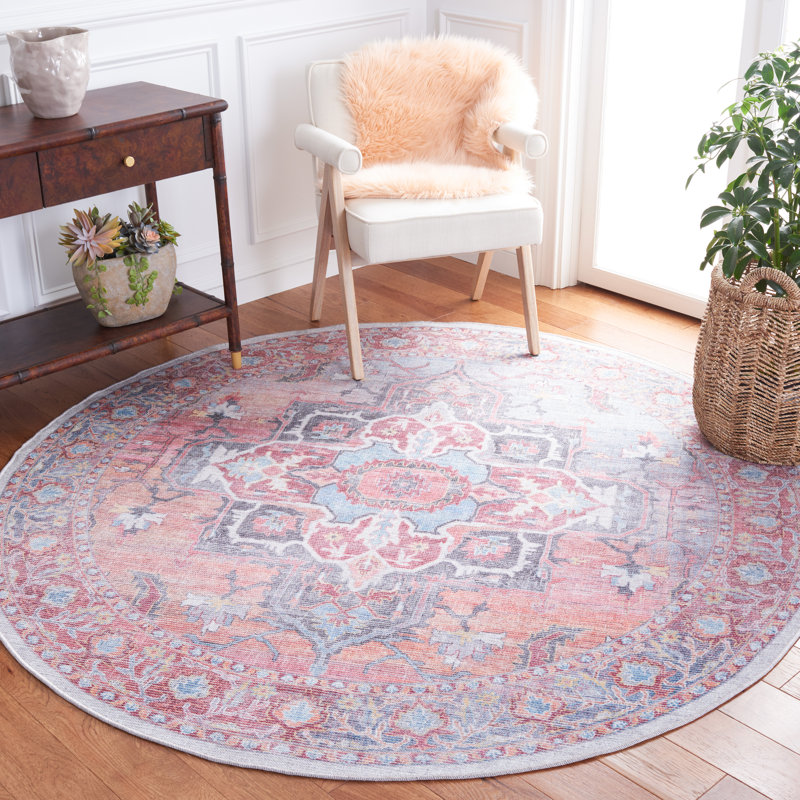 Katelyn Oriental Pink/Blue/Black/Ivory Area Rug, Round 6'7"