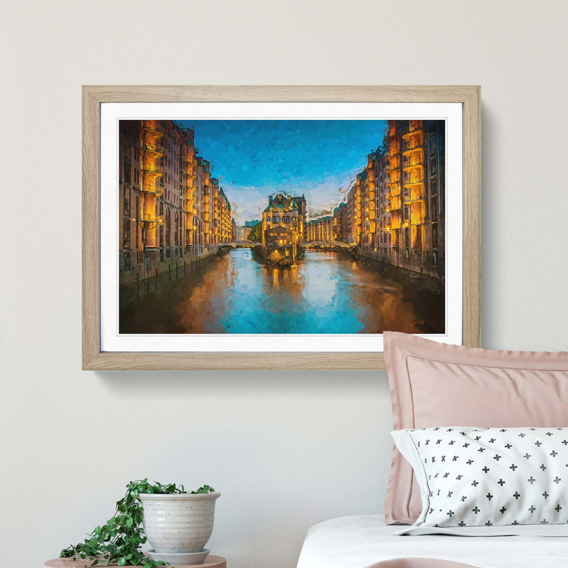 Speicherstadt District in Hamburg in Abstract - Framed Print, 62cm H x 87cm W x 2cm D, Oak Framed