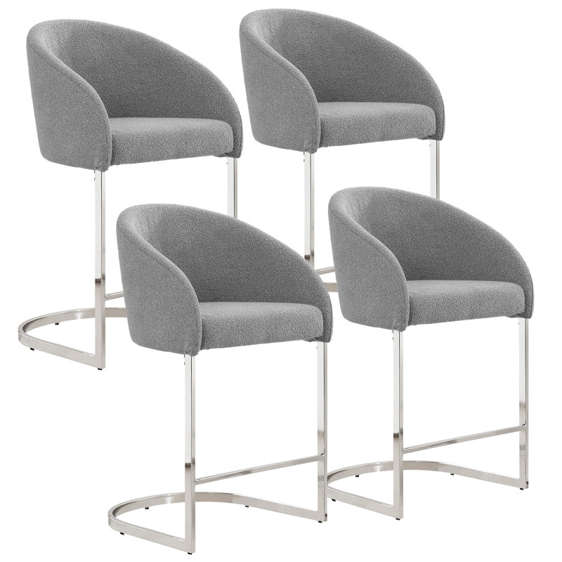 Gray Boucle Upholstered Counter Stools with Chrome Frame, Set of 4
