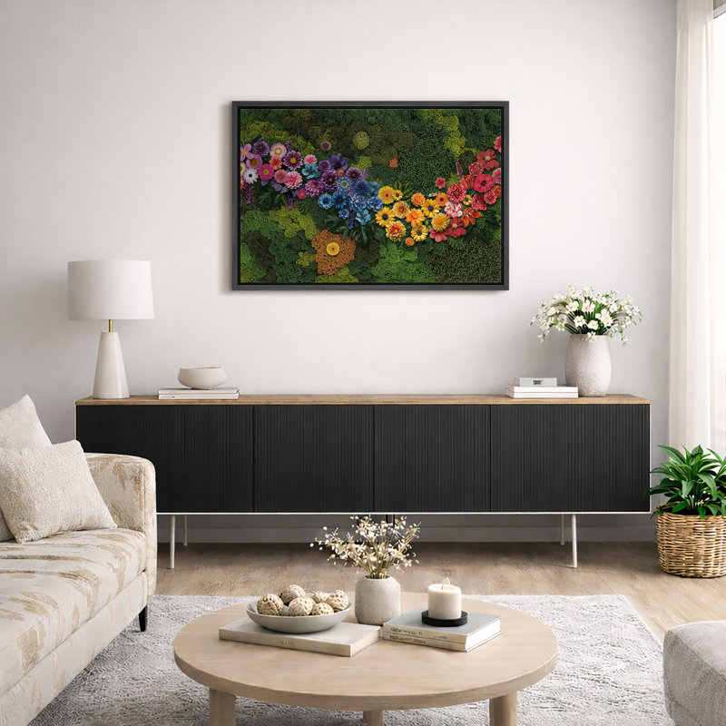 «Green Colorful Colorful Daisy Flowers Modern Unique Floral Botanical», reproduction d'art sur toile encadrée, Cadre flottant