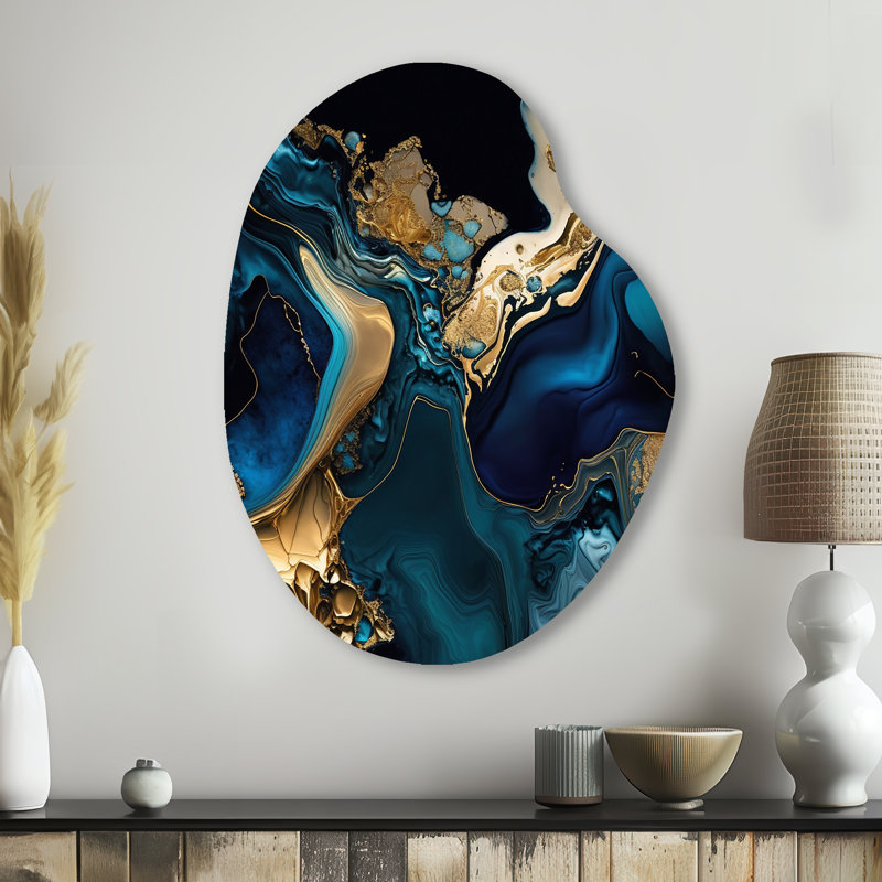 Géode abstraite marbre bleu IV - impression unique de forme marbre sur métal, décoration murale asymétrique en métal bleu