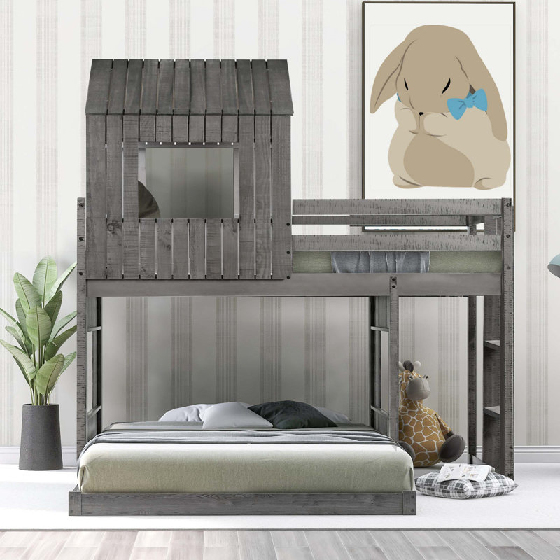 Lit superposé simple au-dessus de double en bois avec conception de maisonnette intégrée