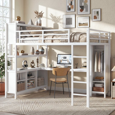 Grand lit mezzanine en métal avec bureau en L, garde-robe, cubes de rangement et tablettes, garde-corps pleine longueur pour plus de sécurité et de stabilité, facile à assembler