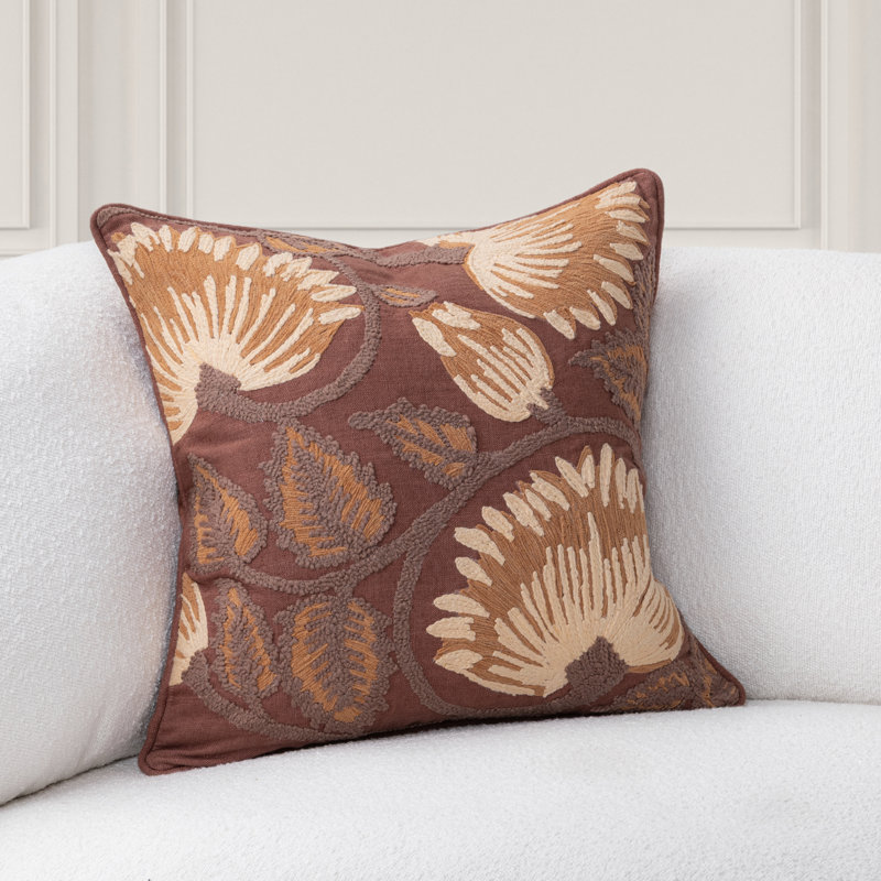 Folly Linen Fabric Hand Embroidered Throw Pillow, Mahogany