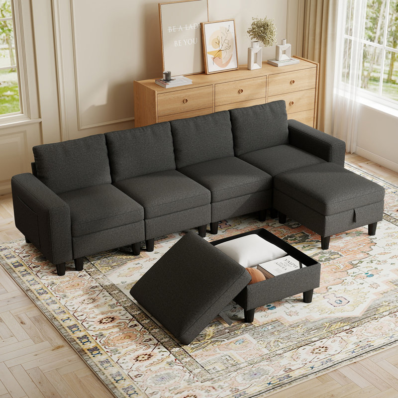 Canapé modulaire de 110 po avec dossier réglable pour le salon, canapé modulaire en U avec repose-pieds de rangement (gris foncé)
