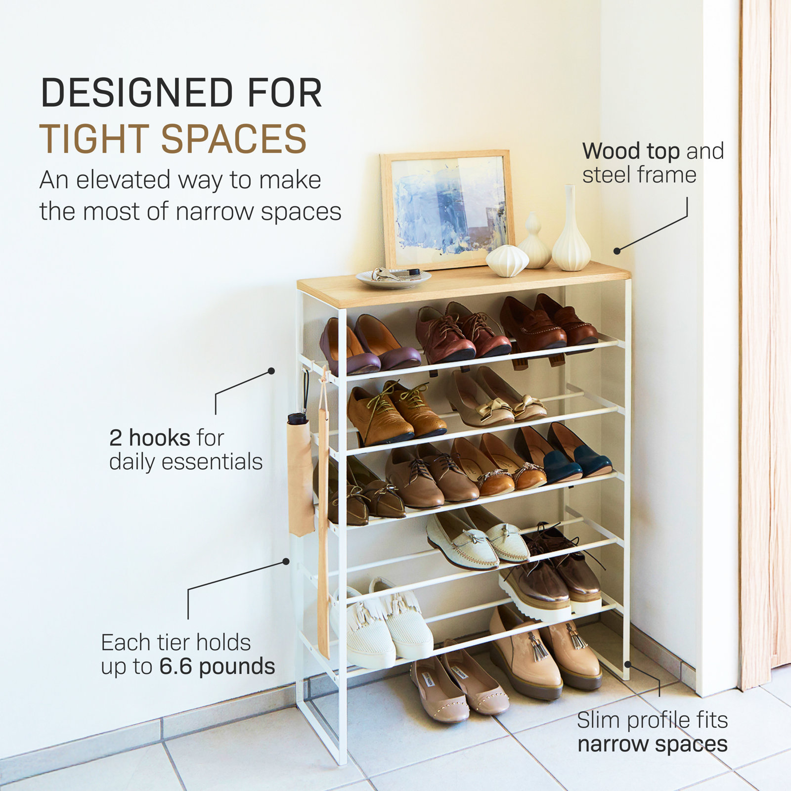 Yamazaki Home Tower 6 Tier Wood Top Shoe Rack, 34" - Steel - Holds 18 To 21 Shoes, White