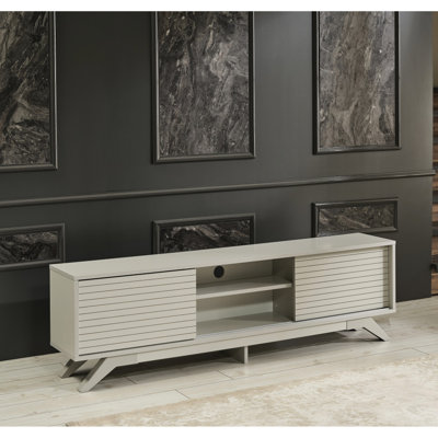 Meuble télé Mid-Century moderne de 67 po, gris avec 2 armoires à portes coulissantes et tablettes, console en bois massif et console élégante