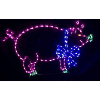 Christmas Pig with Bow Lighted Display