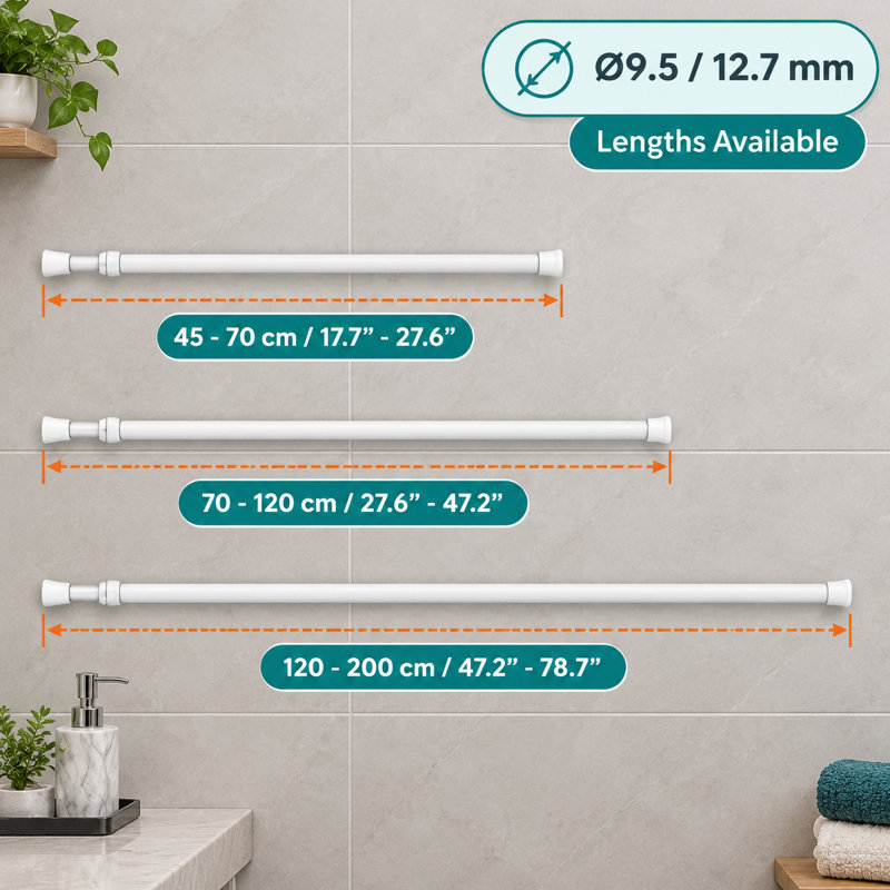 Cet ensemble de 2 tringles de tringle de rideau de douche à ressort blanc s'ajuste de 27 à 47 pouces et a un diamètre de 1/2 pouce; Chaque tige sans perceuse possède un capuchon en caoutchouc à chaque extrémité.